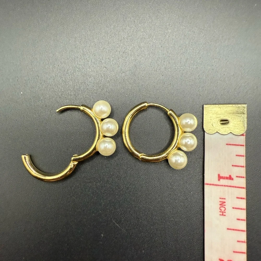 Gold Tone and Cream Faux Pearl Hoop Earrings - Picture 3 of 3
